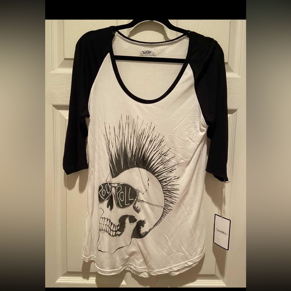 NWT! Lauren Moshi Sz large baseball T-shirt skull 💀 rock n roll